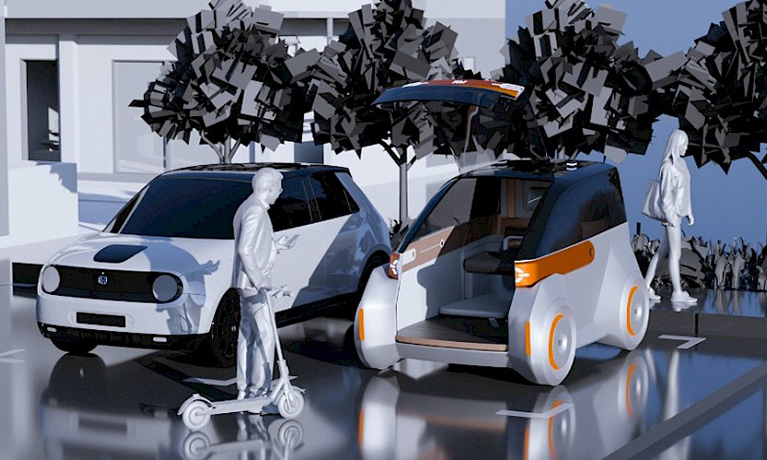 Artist impression of 2 white cars on a drive with 2 figures walking past 