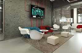 Large spacious living room with simple white furniture with bare brick walls