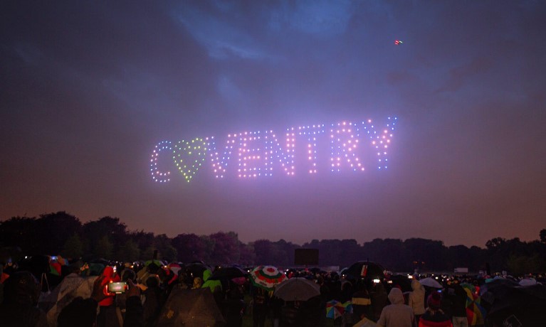 The word Coventry projected on the sky